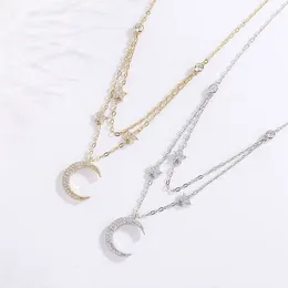 Pendants S925 Sterling Silver Double Layer Star Moon Necklace Women's Simple And Versatile Full Diamond Pendant Collar Chain