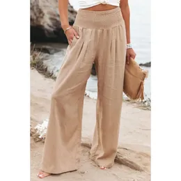 Womens Pants Capris Women Linen Spring and Summer Elastic Waist Casual Sweatpants Female Elegant Wide Leg Straight Solid Color Loose Trousers 231017