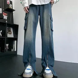 Мужские джинсы в стиле ретро, прямые летние брюки с разрезом, слегка расклешенные, широкие, уличные, повседневные, свободные, брюки, комбинезоны, мужская одежда