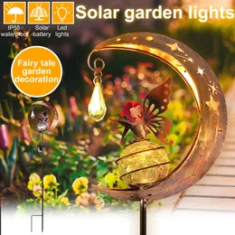 Andra evenemangsfestleveranser Moon Fairy Solar Light Outdoor Garden Butterfly Stake Lights Waterproof Metal Lawn Lamp för Path Yard Jul Decoration 231018