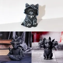 Statuette di oggetti decorativi 1 pezzo Halloween Misteriosa capra magica Gatto Cane a tre teste Statua nera per desktop Decorazioni per la casa Ornamenti Figurina dipinta a mano 231017