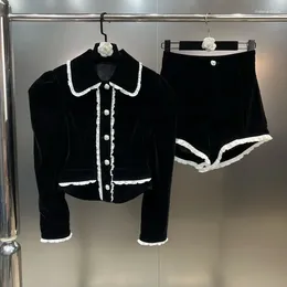 Kvinnors träningsdräkter PREPOMP 2023 Autumn Collection Single Breasted Button Långärmare Jacka Velvet Shorts Two Piece Set Outfits GM204