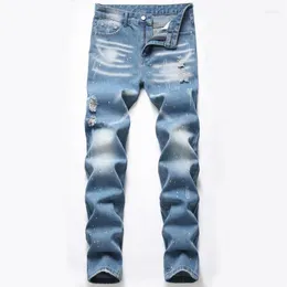 Mäns jeans män våren hösten smala fit byxor retro blå mode stänk bläck desinger mens casual denim pantalones de hombre329a