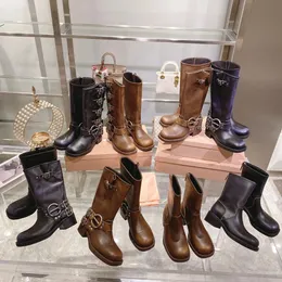 Designer boots woman cowboy boots harness belt buckled leather knight boots autumn and winter fashion vintage square toe booties shoes miui mid-calf boots