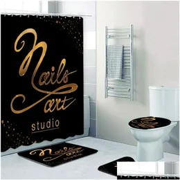 Duschvorhänge Luxus Schwarz Gold Nails Art Studio Company Badezimmer Duschvorhang Set Sparkle Glitter Make Up Beauty Salon Dhgarden Dhn7F