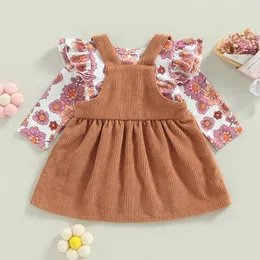 Clothing Sets Born Baby Girls Outfit Fall Winter Clothes Long Sleeve O Neck Floral Romper And Corduroy Suspender Skirt 2PCS Set