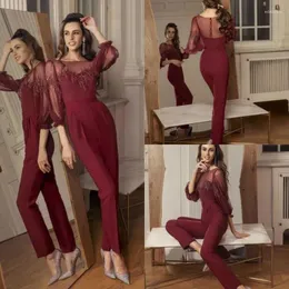 Partykleider 2023 Jumpsuit-Abend mit Kappe, Dreiviertelärmeln, Spitzensatin, besondere Anlässe, knöchellanges Ballkleid mit Knopfleiste hinten