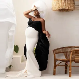 Sukienki imprezowe 2023 Czarno -białe ramy macierzyńskie Niestandardowe, rozciągliwe długie sukienki ciążowe z imperium pociągu