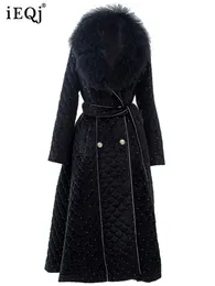 Parkas de plumón para mujer IEQJ 2023 Ropa femenina de invierno Cuello de lana grande Diseño cálido Manga larga Color sólido Lentejuelas Midi Abrigo de algodón 3W6772 231018