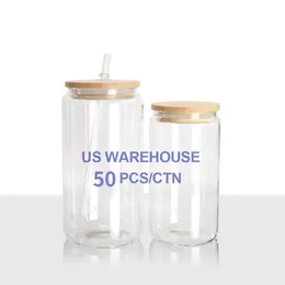 USA/CA Warehouse 16oz Frosted Clear Can Can على شكل جرة زجاجية CAN Plass مع غطاء الخيزران والقش البلاستيكي