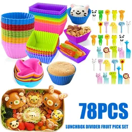 Baking Moulds 78Pcs Lunch Box Dividers with Fruit Fork Bento Silicone Cupcake Liners Heat Resistant Muffin Cups Cake Molds Set for Kids 231018