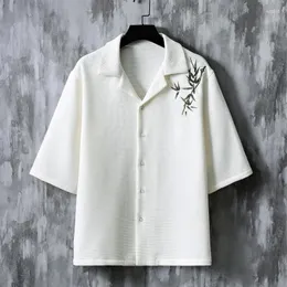 남성용 캐주얼 셔츠 2023 대나무 잎 가죽 자수 셔츠 정장 최고 단색 한국 패션 자켓 싱글 가슴 버튼