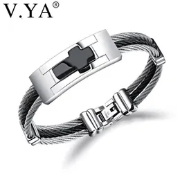 Charme Pulseiras V YA 3 Linhas Fio Cadeia Cuff Cruz Aço Inoxidável Homens Punk DIY Personalizado Gravar Homem Jóias Preto Prata Cor Ban339n