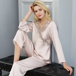 Seksowna piżama naturalny czysty jedwabny piżama dla kobiet haft długie rękaw 2 szt. Zestaw piżamy 100% Mulberry Silk Pijamas Summer Sleepwear XL XXL 231017