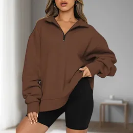 Sudaderas con capucha para mujer Sudaderas de gran tamaño Sudadera con media cremallera para mujer Manga larga Color sólido Cálido Suelto Estilo Y2K Traje diario 231017