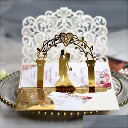 Biglietti d'auguri Biglietti d'auguri 25/50 Pezzi Inviti di nozze europei con taglio laser 3D Tri-Fold Sposa e sposo Bomboniera in pizzo S Dhgarden Dhr9J