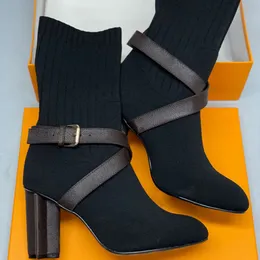 Winter Sock Heel Boots Women Silhouette Ankle Boot Sexy Knitted Elastic Shoes Designer Letter Shoes Lady Thick High Heels Large Size 35-42 With Box NO50