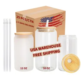 CA USA Warehouse 16oz Frosted Clear Beer Can Sublimation Water Bottle Glass Jar with Bamboo Lid and Straws 4.23