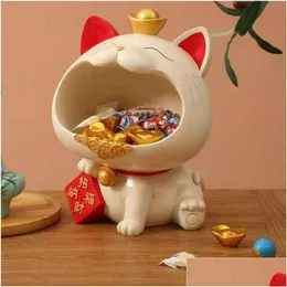 Objetos Decorativos Estatuetas Objetos Decorativos Estatuetas Maneki Neko Caixa de Doces Lucky Cat Fortune Bandeja de Armazenamento Lanche Jar B Dhgarden Dh2Sa