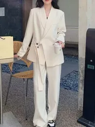 Abiti da donna Blazer 2 pezzi Completi di pantaloni Abiti da donna Autunno Solid Manica lunga Con lacci Giacche Cappotto Gamba larga Blazer larghi Abiti Chic 231018