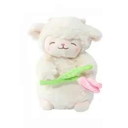 Plush Dolls Kawaii Stuffed Sheep Toy Sweet White Hold Tulip Flower Soft For Kid Birthday Gifts 231018