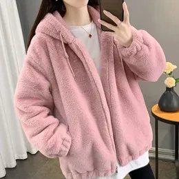 Pelliccia da donna finta Lucyever rosa giacche con cappuccio sciolto spesso caldo imitazione coniglio outwear autunno inverno cappotto di peluche di media lunghezza 231017