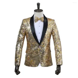 Trajes para hombre, Blazer dorado con lentejuelas florales, cuello chal para hombre, traje de esmoquin de boda ajustado, chaqueta para DJ, actuación en discoteca, traje para hombre