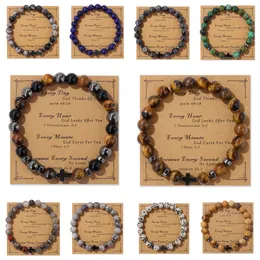 Perle di occhio di tigre in pietra naturale Bracciale con croce in ematite Scheda messaggio Gioielli in carta kraft Perline di equilibrio Bracciale Reiki Buddha con pietra di preghiera Yoga per donna