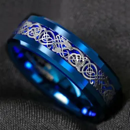8 mm niebieski pierścionek z węglika wolframowy Srebrny Celtic Dragon Fibre Fibre Pierścień męski Rozmiar 6-13277k