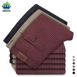 Calças masculinas oussyu roupas de marca outono inverno xadrez homens negócios vermelho cáqui cinza terno calça magro clássico casamento formal calças masculino 231018