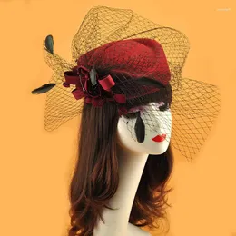 Berets alta qualidade retro véu aeromoça boné fedora chapéu feminino moda sólida lã vintage chapéus para mulheres estilo britânico de boina