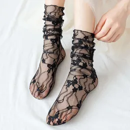 Vrouwen Sokken Zomer Dunne Mesh Visnet Kant Zien Door Transparante Losse Lange JK Lolita Bloem Borduren Kawaii Schattig