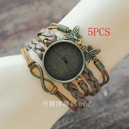 ارتباط سلسلة 5pcs DIY متعددة الطبقة الجلود سوار منسوجة 25 مم جولة PO الزجاج cabochon صنع الإسورة قاعدة فارغة إعداد مدي علبة J283L