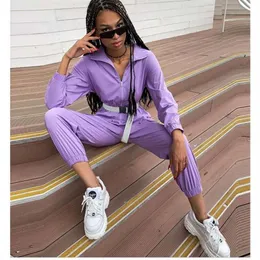 Women's Jumpsuits & Rompers Fashion Women Zipper Stand Collar Big Pocket Loose Belt Casual Cargo Overalls Purple Playsuits Tr321k