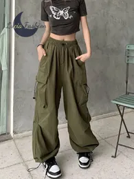 Pantaloni da donna Y2K Streetwear Vintage Chic Cargo per le donne Vita alta elastica Gamba larga Pantaloni dritti Punk Pantaloni da jogging femminili 231018