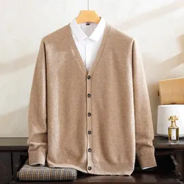 Suéter masculino de caxemira, mistura de cardigã quente com decote em v, malha de inverno, tops de lã masculina, jumpers 231018
