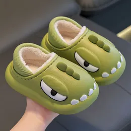 Children's cotton slippers Winter children's EVA step on poo feeling dinosaur bag for boys and girls with baby waterproof warm cotton shoes for children armygreen