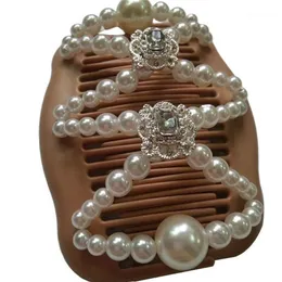 Women Magic Double Hair Comb Imitation Wood Pearl Clip Stretchy Hairpin Bead DIY C6UD12758