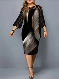 Artı Boyut Elbiseler Moda Kadınlar Mesh Sleeve Geometrik Baskı İnce Bodycon Kalem Elbise Artı Boyut Bayanlar İş Ofis Elbiseleri 231017