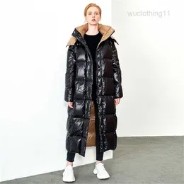 2023 Chaquetas largas negras de las mujeres Senior Luxury Winter Winter High-Collar con capucha con capucha suelta pato blanco abajo chaqueta para abrigo de clima frío 211215
