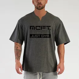 Men's T Shirts Heavyweight Cotton Small Drop Shoulder Short-sleeved T-shirt Loose Large Size V-neck Tshirt Clothing
