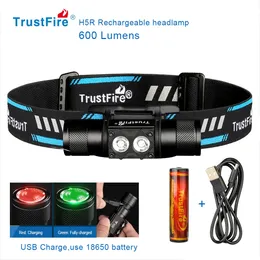 실외 도구 Trustfire H5R 헤드 램프 600 루멘 듀얼 LED USB 충전식 램프 헤드 라이트 18650 헤드 손전등 전력 표시기와 낚시 231018