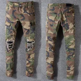 Calças de brim dos homens clássico hip hop denim camuflagem jean buraco angustiado rasgado motociclista calça magro ajuste motocicleta rock calças 2679