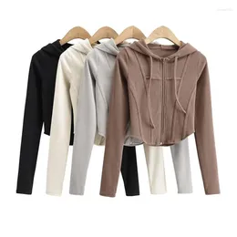 Women's Hoodies Knitted Chic Women Sweatshirt With Zipper Long Sleeve Hooded Zip-Up Harajuku Pullover Sexy Curve Hem Aesthetic Clothing