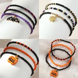 Charm Bracelets 3Pcs/Sets Halloween Colorful Beaded Handmade For Women Girls Alloy Bat Spider Web Pumpkin Pendant Bracelet Jewelry