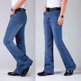 Calças de brim de perna larga masculina calças de cintura alta calças de brim longas para homens bootcut azul hommes plus size 27-36210a