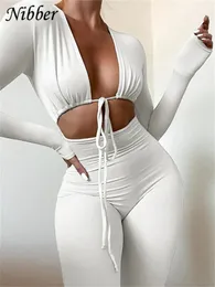 Women's Pants s Nibber Summer Sexy Jumpsuit V Neck Long Sleeve Female Bodycon Hollow Out Jogger Clubwear Body shaping Jumpsuits 231018