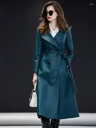 Femmes en cuir 2023 marque véritable Long pardessus bureau dame élégant Double boutonnage Trench manteau femmes naturel en peau de mouton coupe-vent Ou