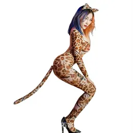 Cosplay Sexy Women Leopard Open Crotch Bodysuit Blackless See Through Jumpsuit Body Stockings Full Bodysuit With Tail Ear F35258w