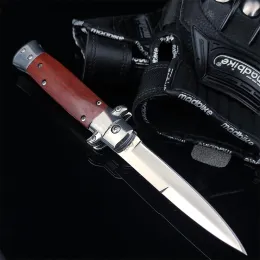Stiletto lâmina dobrável assistida flipper faca 440c espelho lâmina punho de madeira acampamento ao ar livre caça edc ferramentas bolso presentes